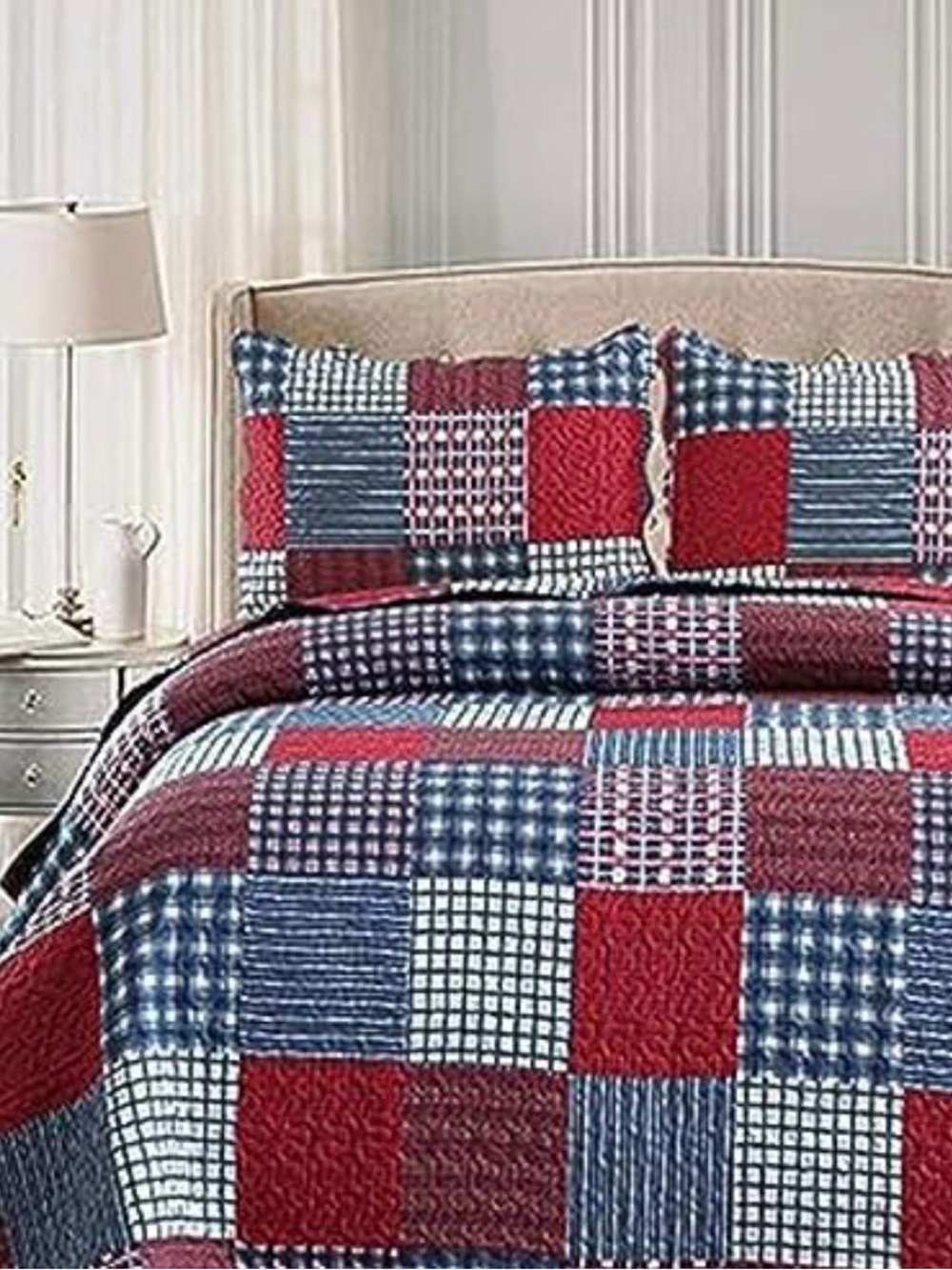 Plaid Patchwork Quilt in Red, Blue & White -